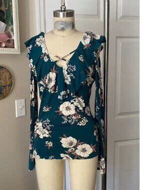 SOPRANO Teal Floral Ruffle V neck Collar Camisole Cold-Shoulder Blouse *MEDIUM*